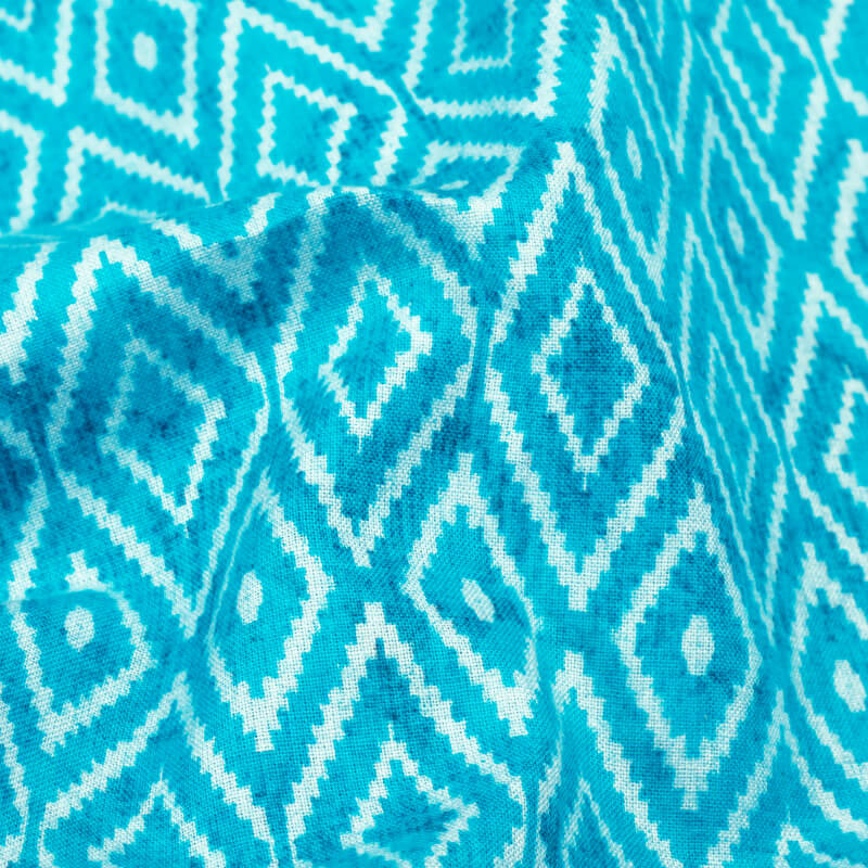 Sky Blue And White Geometric Pattern Digital Print Cotton Cambric Fabric - Fabcurate