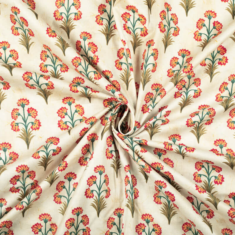 Cream And Light Orange Mughal Pattern Digital Print Cotton Cambric Fabric - Fabcurate