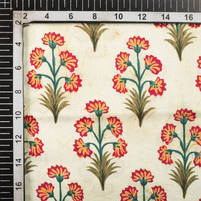 Cream And Light Orange Mughal Pattern Digital Print Cotton Cambric Fabric - Fabcurate