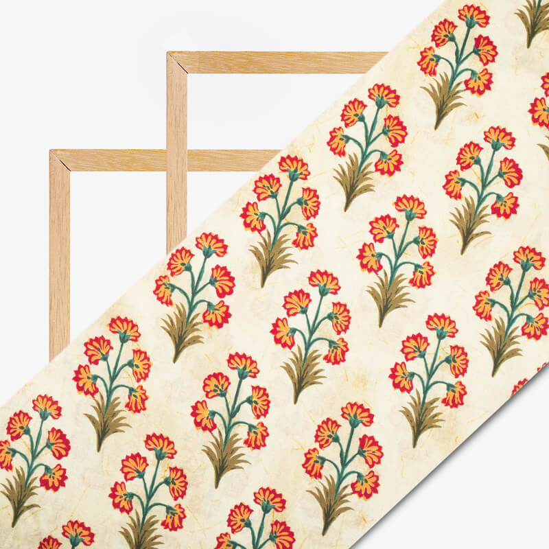 Cream And Light Orange Mughal Pattern Digital Print Cotton Cambric Fabric - Fabcurate
