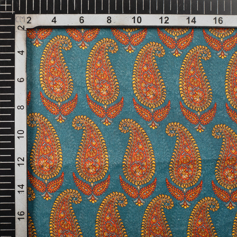 Teal Blue And Orange Paisley Pattern Digital Print Cotton Cambric Fabric - Fabcurate