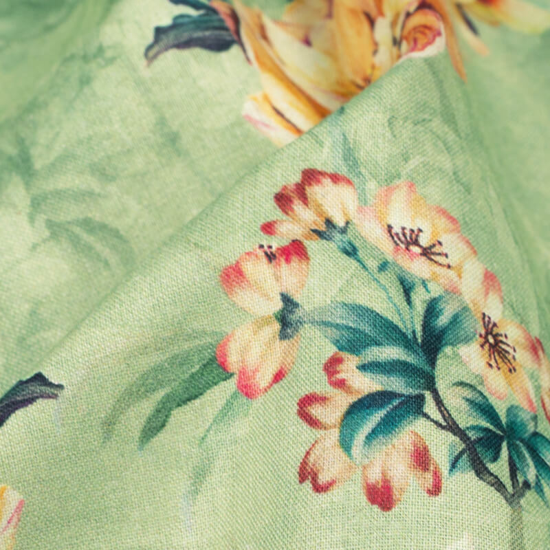 Pistachio Green Floral Pattern Digital Print Cotton Cambric Fabric - Fabcurate
