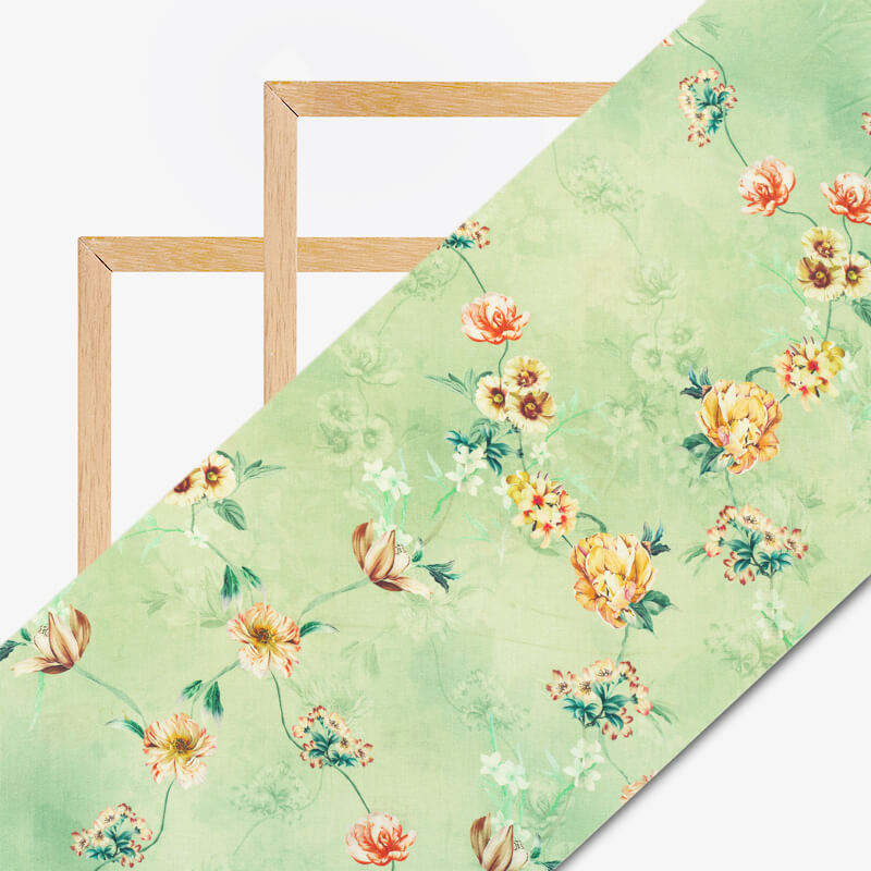 Pistachio Green Floral Pattern Digital Print Cotton Cambric Fabric - Fabcurate