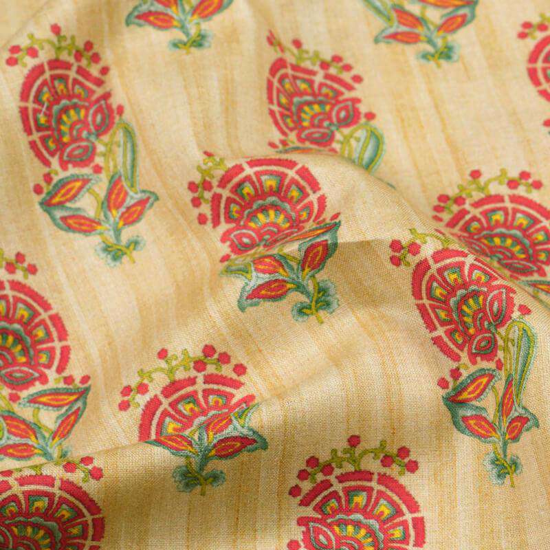 Sandcastle Beige And Red Mughal Pattern Digital Print Cotton Cambric Fabric - Fabcurate