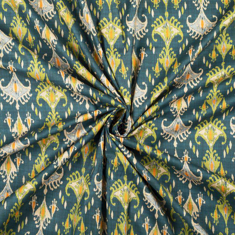 Aegean Blue And Olive Green Ethnic Pattern Digital Print Cotton Cambric Fabric - Fabcurate