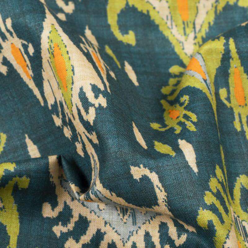 Aegean Blue And Olive Green Ethnic Pattern Digital Print Cotton Cambric Fabric - Fabcurate
