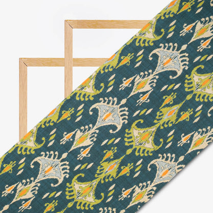 Aegean Blue And Olive Green Ethnic Pattern Digital Print Cotton Cambric Fabric - Fabcurate