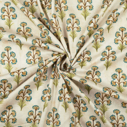 Cream And Teal Green Mugal Pattern Digital Print Cotton Cambric Fabric