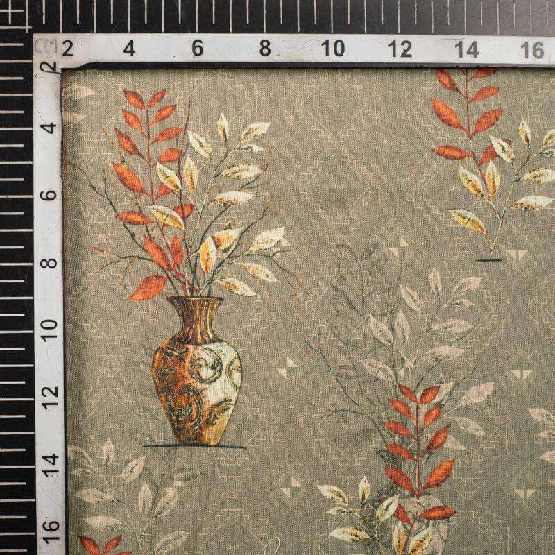 Seal Grey And Orange Ethnic Pattern Digital Print Cotton Cambric Fabric - Fabcurate