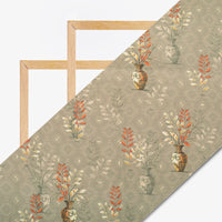 Seal Grey And Orange Ethnic Pattern Digital Print Cotton Cambric Fabric - Fabcurate