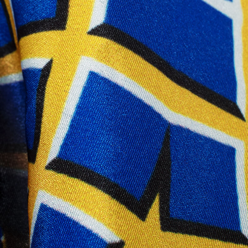 Royal Blue And Honey Yellow Geometric Pattern Illusion Digital Print Crepe Silk Fabric - Fabcurate