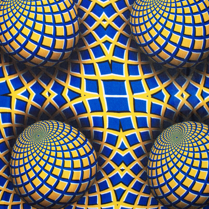 Royal Blue And Honey Yellow Geometric Pattern Illusion Digital Print Crepe Silk Fabric - Fabcurate