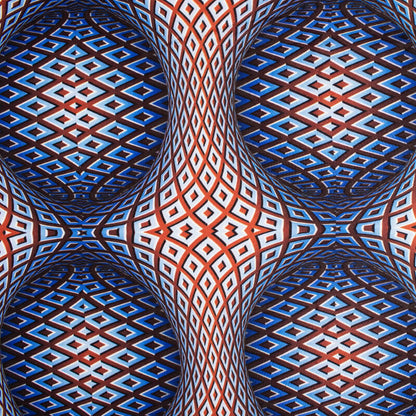 Royal Blue And Cinnamon Brown Geometric Pattern Illusion Digital Print Crepe Silk Fabric - Fabcurate