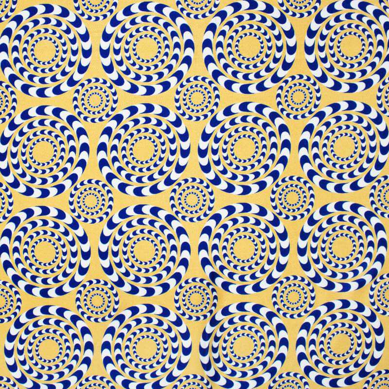 Daffodil Yellow And Lapis Blue Geometric Pattern Illusion Digital Print Crepe Silk Fabric - Fabcurate