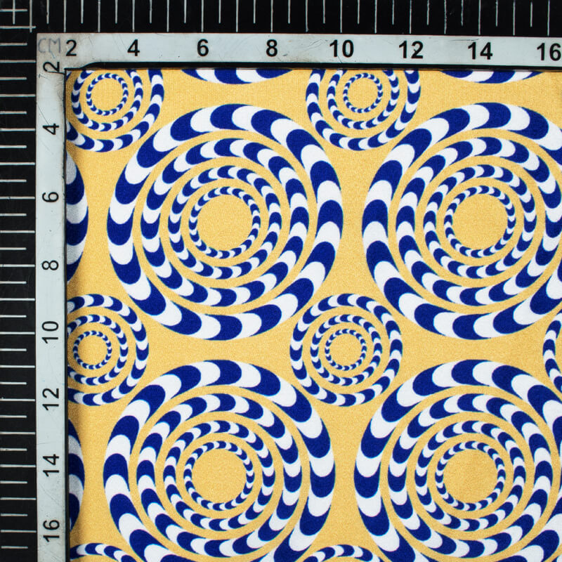 Daffodil Yellow And Lapis Blue Geometric Pattern Illusion Digital Print Crepe Silk Fabric - Fabcurate