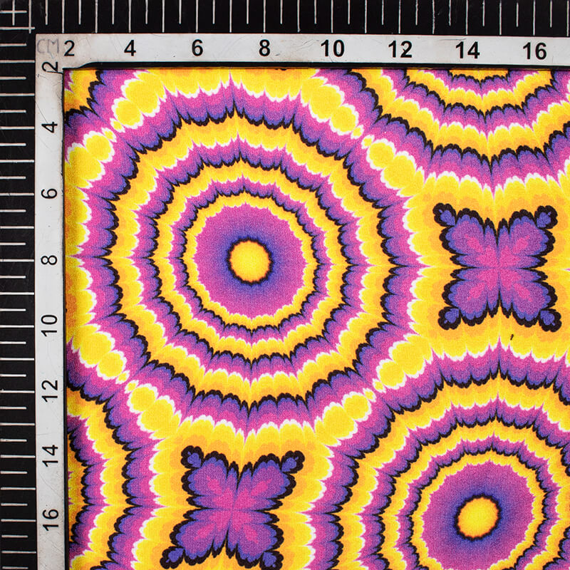 Purple And Merigold Yellow Geometric Pattern Illusion Digital Print Crepe Silk Fabric - Fabcurate