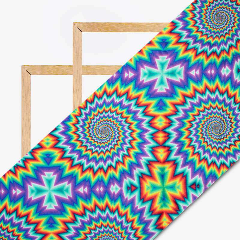 Amber Orange And Lavender Purple Geometric Pattern Illusion Digital Print Crepe Silk Fabric - Fabcurate