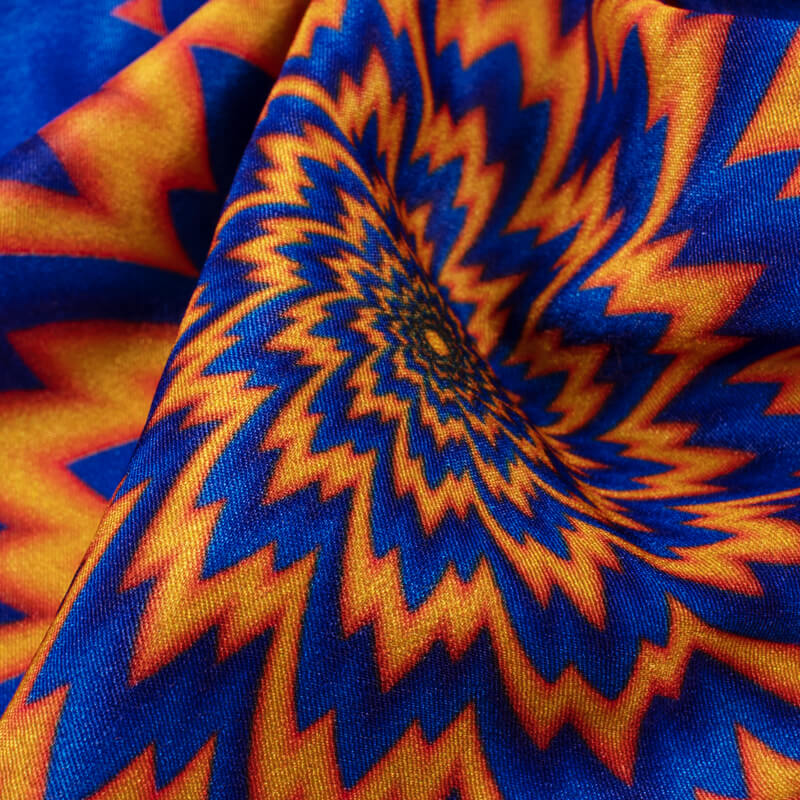 Navy Blue And Fire Orange Geometric Pattern Illusion Digital Print Crepe Silk Fabric - Fabcurate