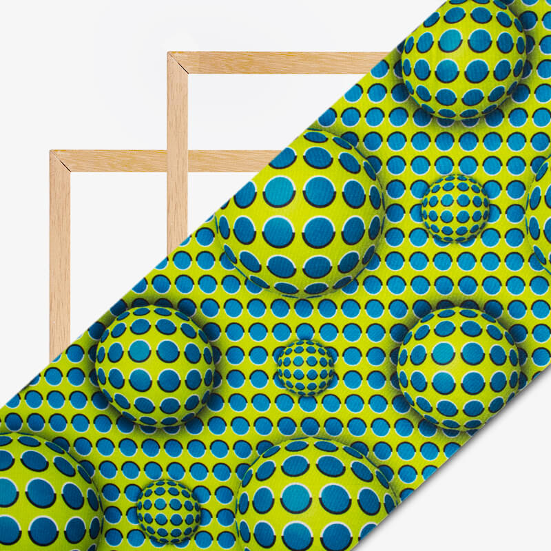Lime Green And Ceruleen Blue Geometric Pattern Illusion Digital Print Crepe Silk Fabric - Fabcurate