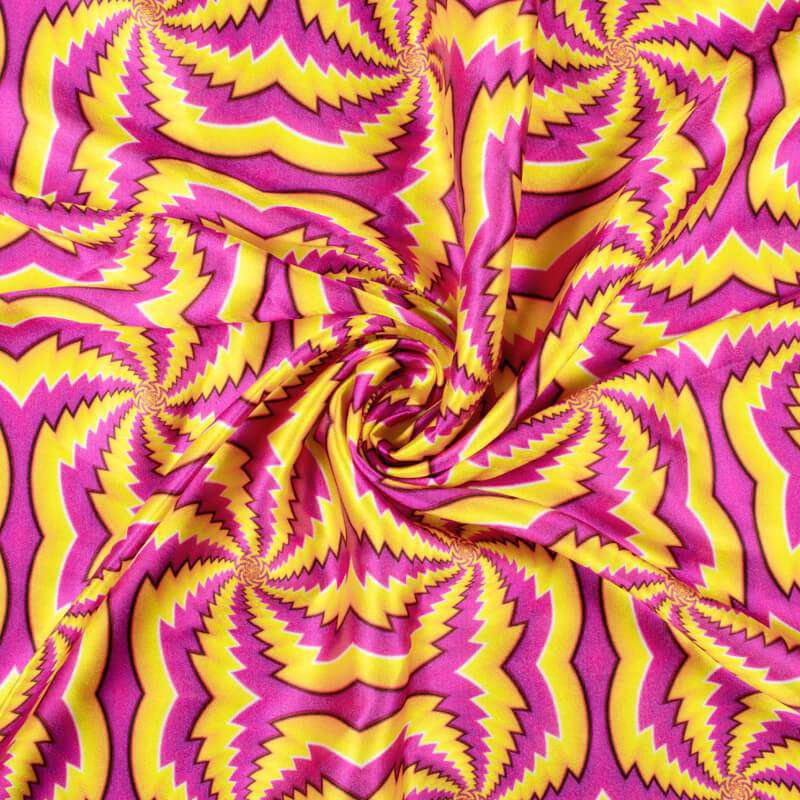 Butter Yellow And Purple Geometric Pattern Illusion Digital Print Japan Satin Fabric - Fabcurate