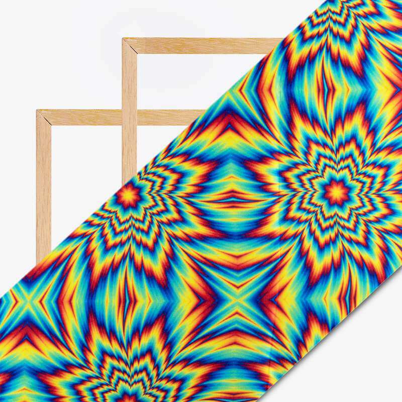 Fire Orange And Royal Blue Geometric Pattern Illusion Digital Print Japan Satin Fabric - Fabcurate