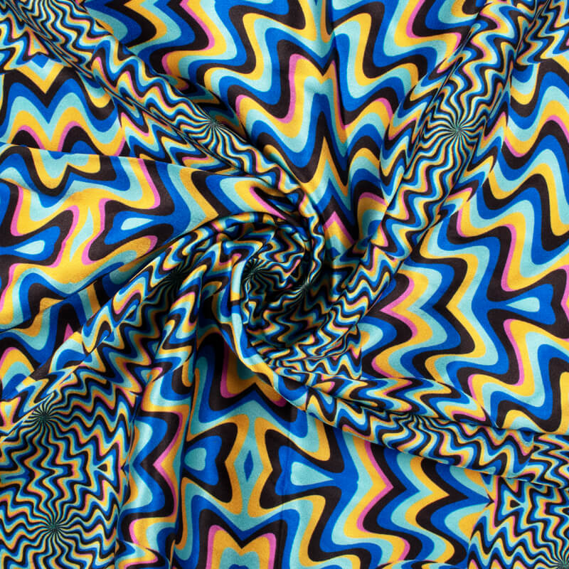 Black And Royal Blue Geometric Pattern Illusion Digital Print Japan Satin Fabric - Fabcurate