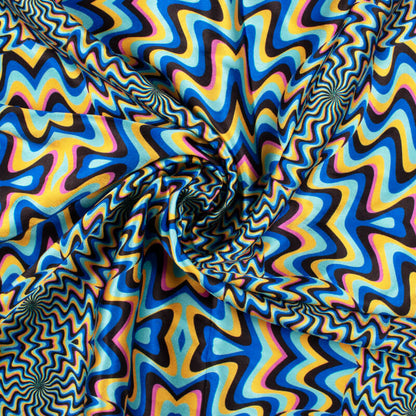 Black And Royal Blue Geometric Pattern Illusion Digital Print Japan Satin Fabric - Fabcurate