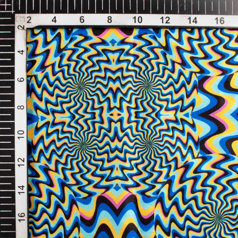 Black And Royal Blue Geometric Pattern Illusion Digital Print Japan Satin Fabric - Fabcurate