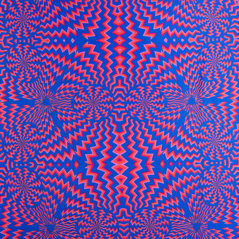 Royal Blue And Peach Geometric Pattern Illusion Digital Print Japan Satin Fabric - Fabcurate