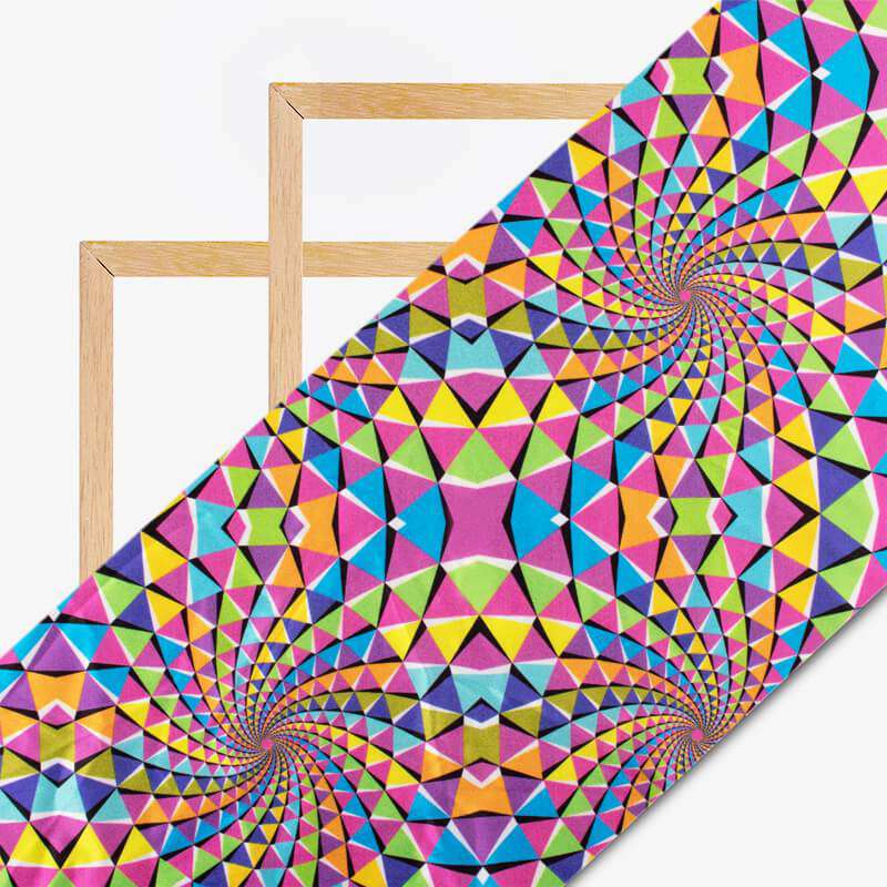 Multicolour Geometric Pattern Illusion Digital Print Japan Satin Fabric - Fabcurate