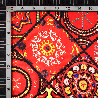 Red And Black Gamthi Pattern Digital Printed Japan Satin Fabric - Fabcurate