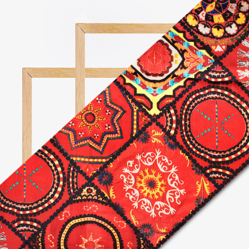 Red And Black Gamthi Pattern Digital Printed Japan Satin Fabric - Fabcurate