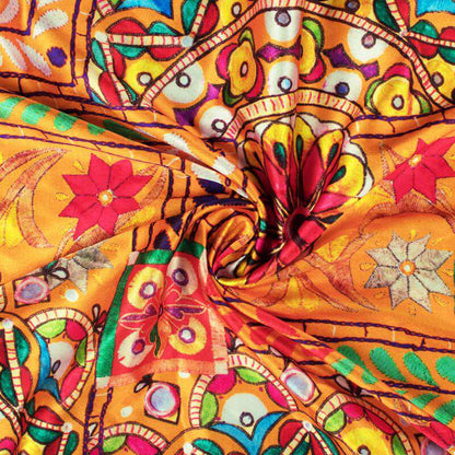 Apricot Orange And Salmon Pink Gamthi Pattern Digital Printed Japan Satin Fabric - Fabcurate