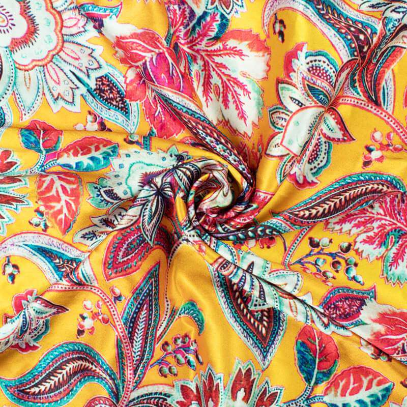 Yellow And Coral Peach Floral Pattern Digital Printed Japan Satin Fabric - Fabcurate