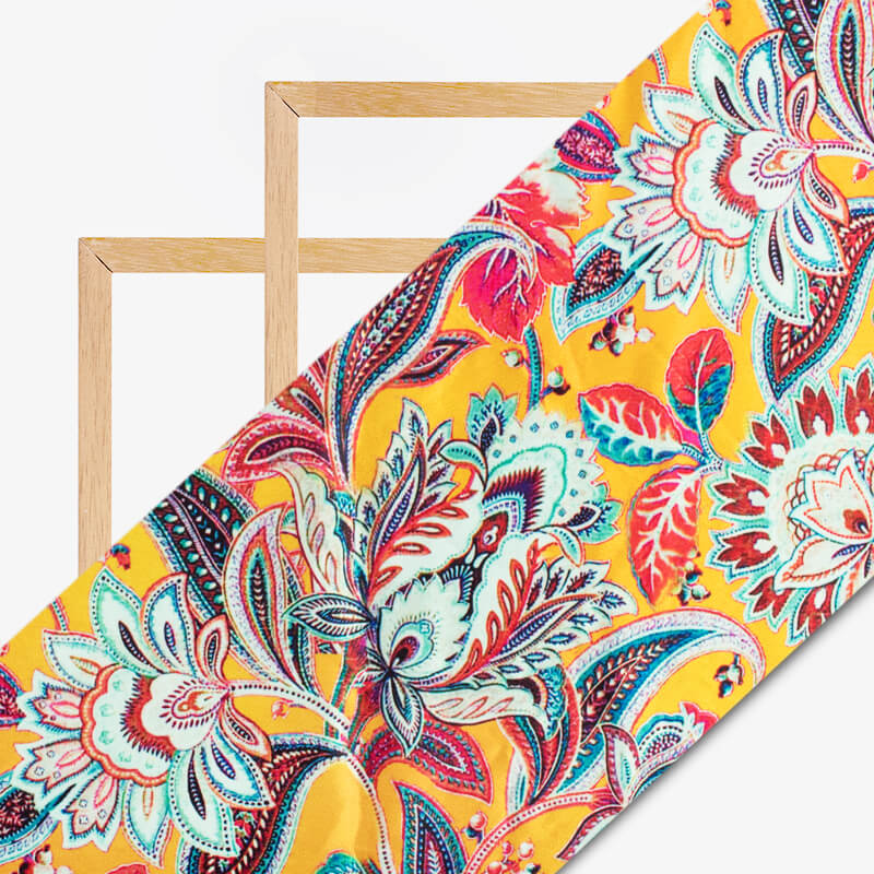 Yellow And Coral Peach Floral Pattern Digital Printed Japan Satin Fabric - Fabcurate