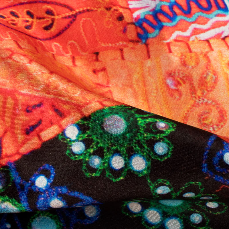 Orange And Black Gamthi Pattern Digital Printed Japan Satin Fabric - Fabcurate