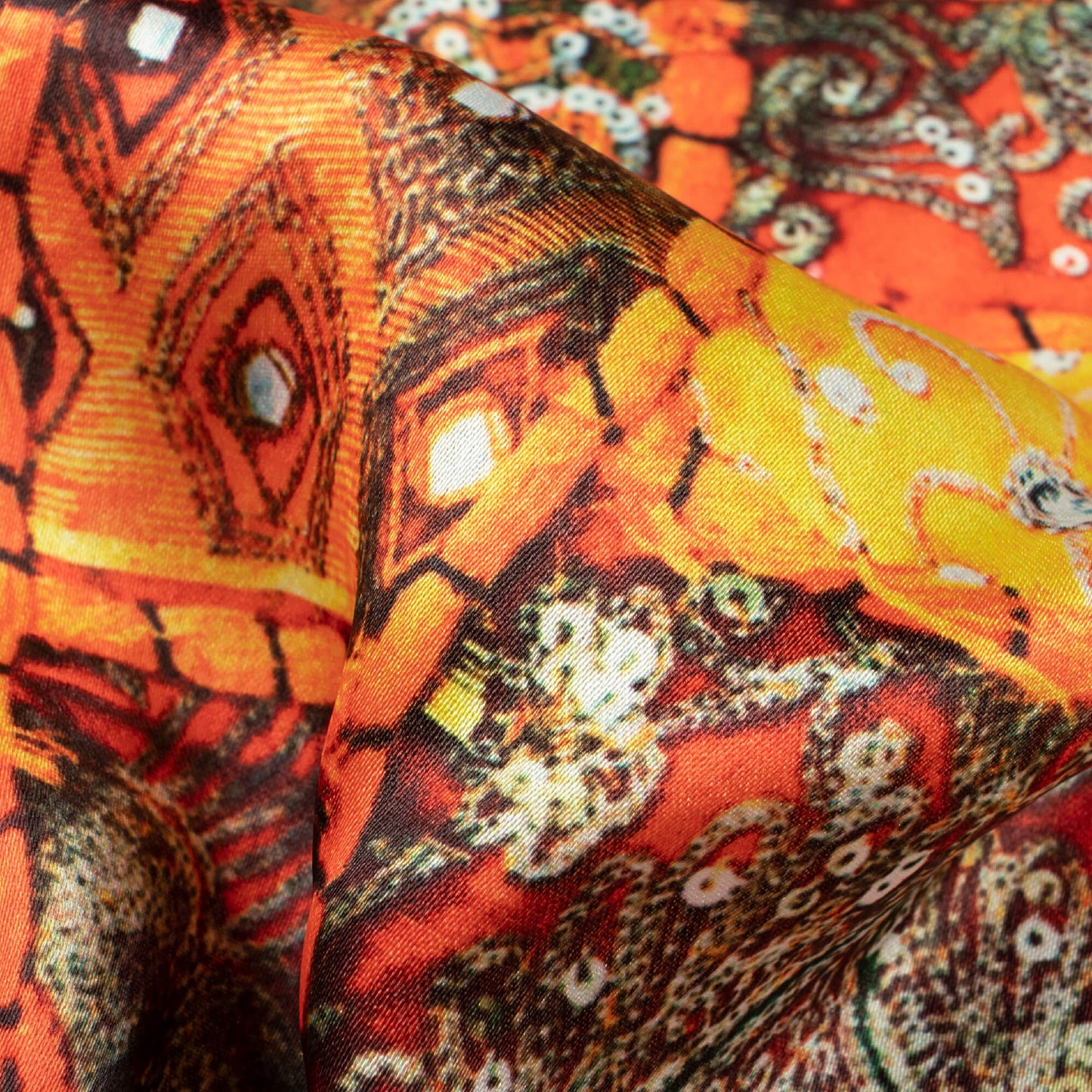Orange And Red Gamthi Pattern Digital Printed Japan Satin Fabric