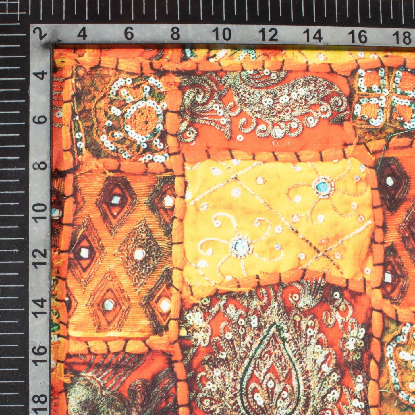 Orange And Red Gamthi Pattern Digital Printed Japan Satin Fabric