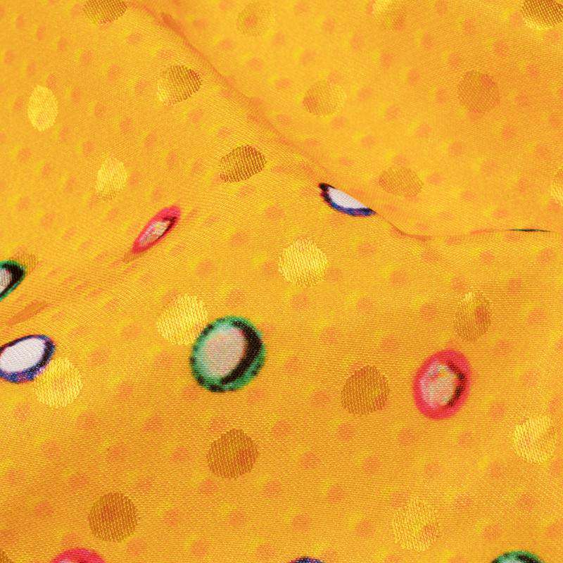 Marigold Yellow Gamthi Pattern Digital Printed Jacquard Booti Japan Satin Fabric (Width 58 Inches) - Fabcurate