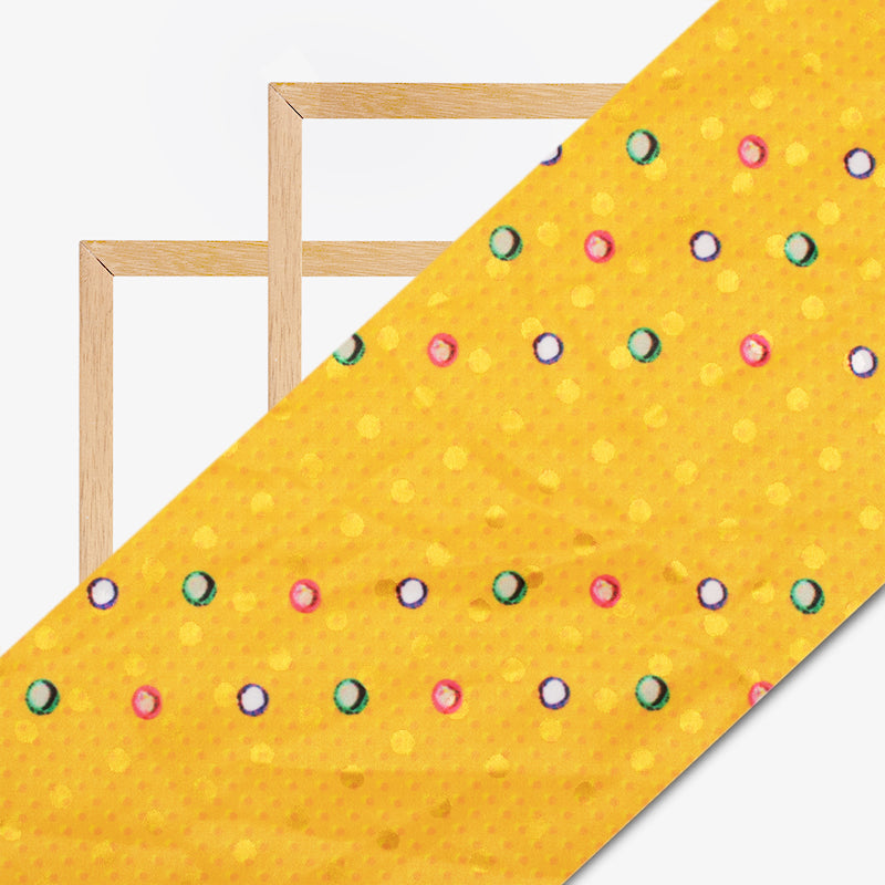 Marigold Yellow Gamthi Pattern Digital Printed Jacquard Booti Japan Satin Fabric (Width 58 Inches) - Fabcurate