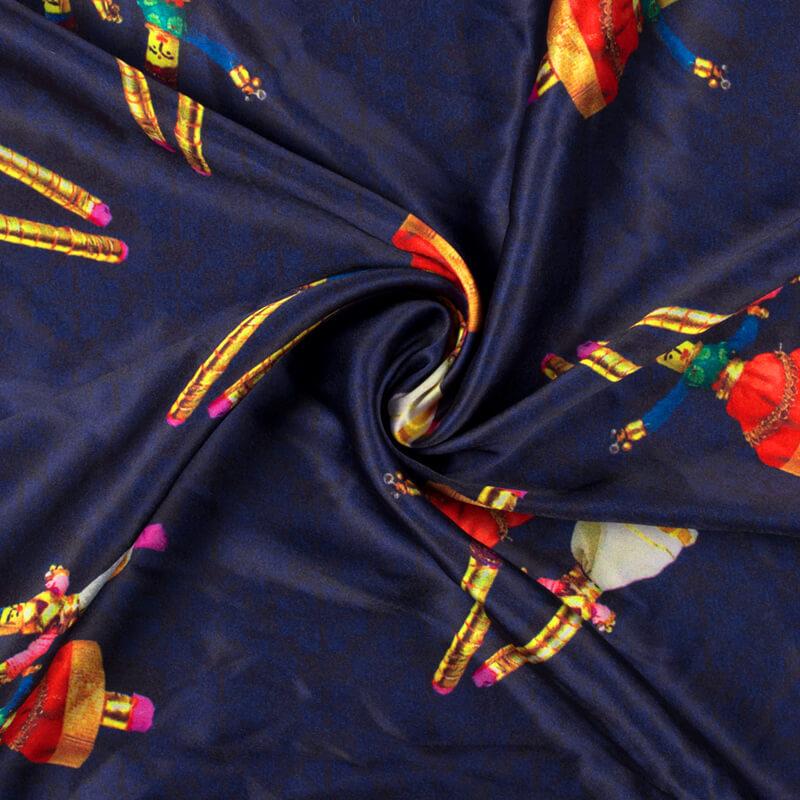 Navy Blue And Gold Yellow Gamthi Pattern Digital Printed Japan Satin Fabric - Fabcurate