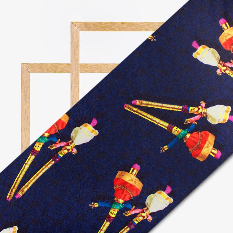 Navy Blue And Gold Yellow Gamthi Pattern Digital Printed Japan Satin Fabric - Fabcurate