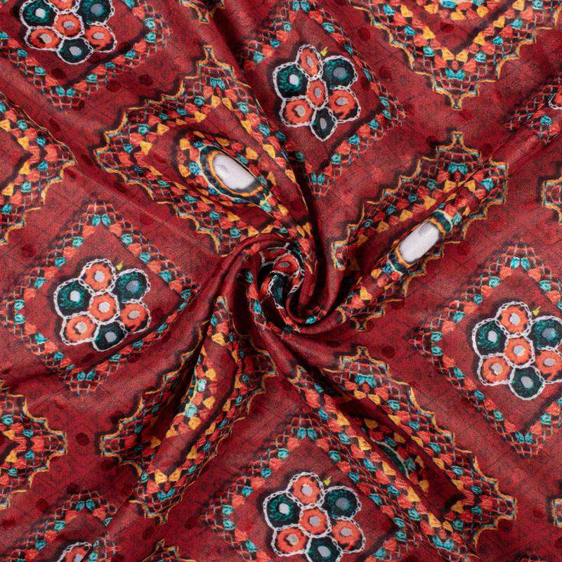 Maroon And Orange Gamthi Pattern Digital Printed Jacquard Booti Japan Satin Fabric (Width 58 Inches) - Fabcurate