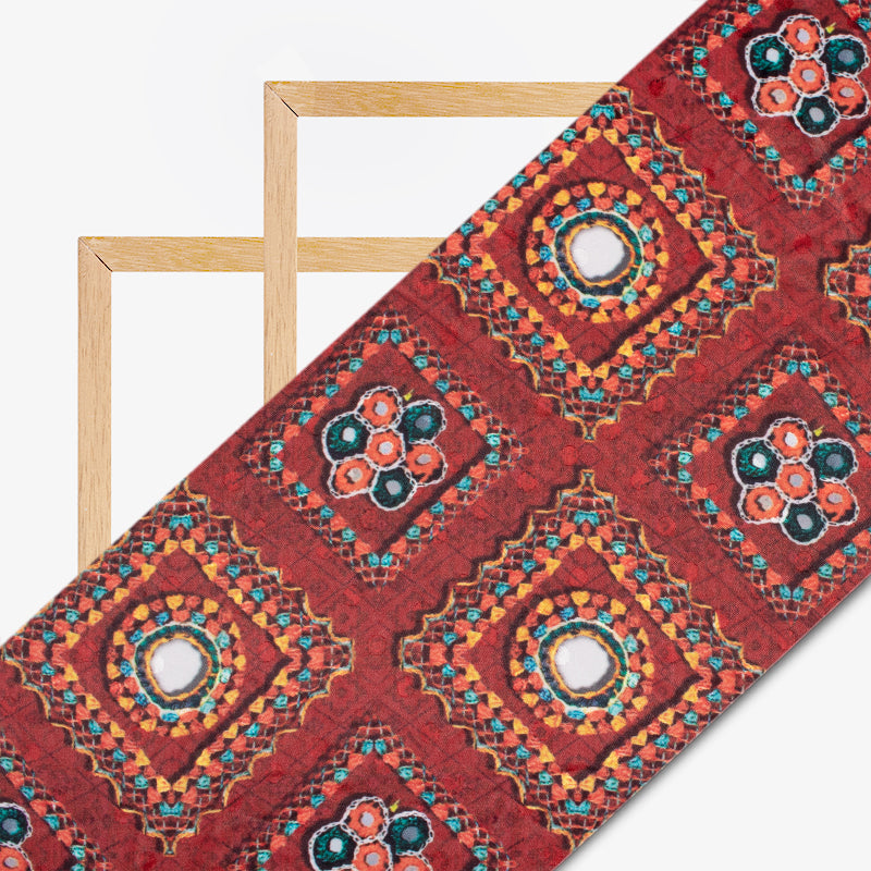 Maroon And Orange Gamthi Pattern Digital Printed Jacquard Booti Japan Satin Fabric (Width 58 Inches) - Fabcurate