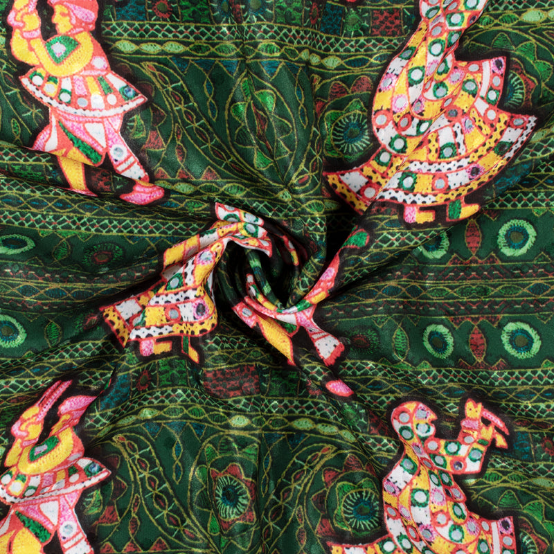 Dark Green And Yellow Gamthi Pattern Digital Printed Jacquard Booti Japan Satin Fabric (Width 58 Inches) - Fabcurate