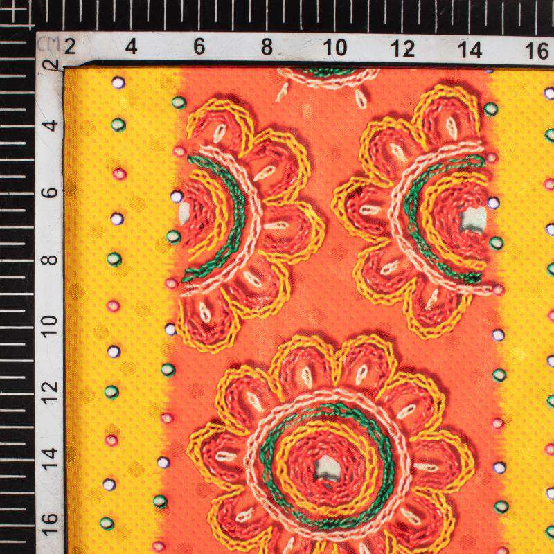 Yellow And Orange  Gamthi Pattern Digital Printed Jacquard Booti Japan Satin Fabric (Width 58 Inches) - Fabcurate
