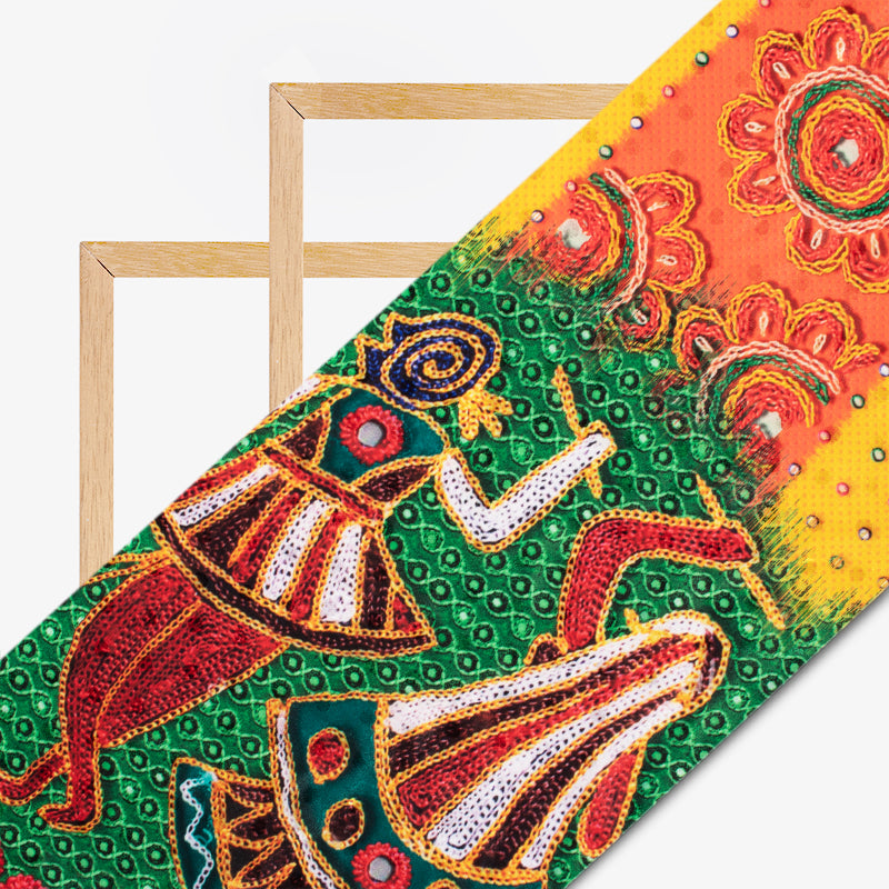 Yellow And Orange  Gamthi Pattern Digital Printed Jacquard Booti Japan Satin Fabric (Width 58 Inches) - Fabcurate