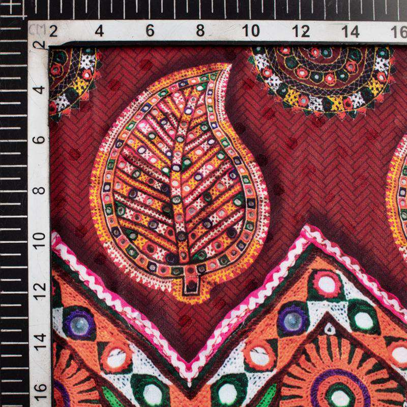 Maroon Gamthi Pattern Digital Printed Jacquard Booti Japan Satin Fabric (Width 58 Inches) - Fabcurate
