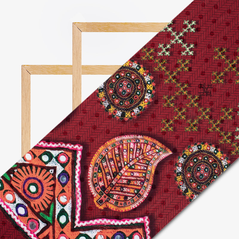 Maroon Gamthi Pattern Digital Printed Jacquard Booti Japan Satin Fabric (Width 58 Inches) - Fabcurate