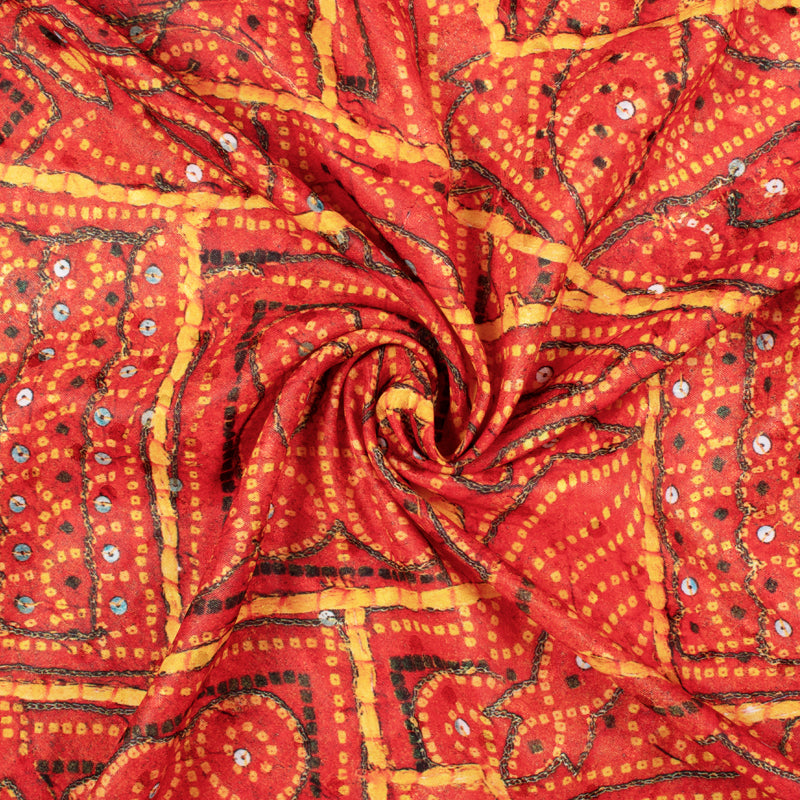 Red And Yellow Bandhani Pattern Digital Printed Japan Satin Fabric (Width 58 Inches) - Fabcurate
